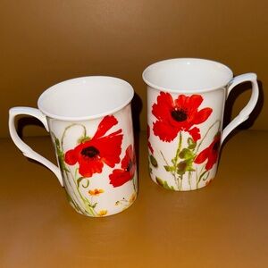 White Porcelain Mug Pair with Red Poppy Floral Design